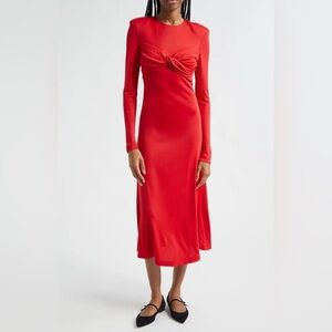 FARM Rio Long Sleeve Midi Dress. Color: Red. Size:M New